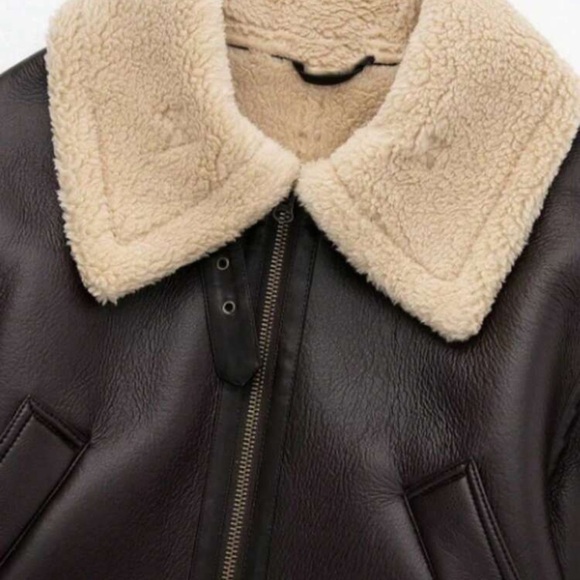 Vegan Leather Aviator Jacket Faux Shearling Trim Shearling Lined chocolate brown - Picture 10 of 12